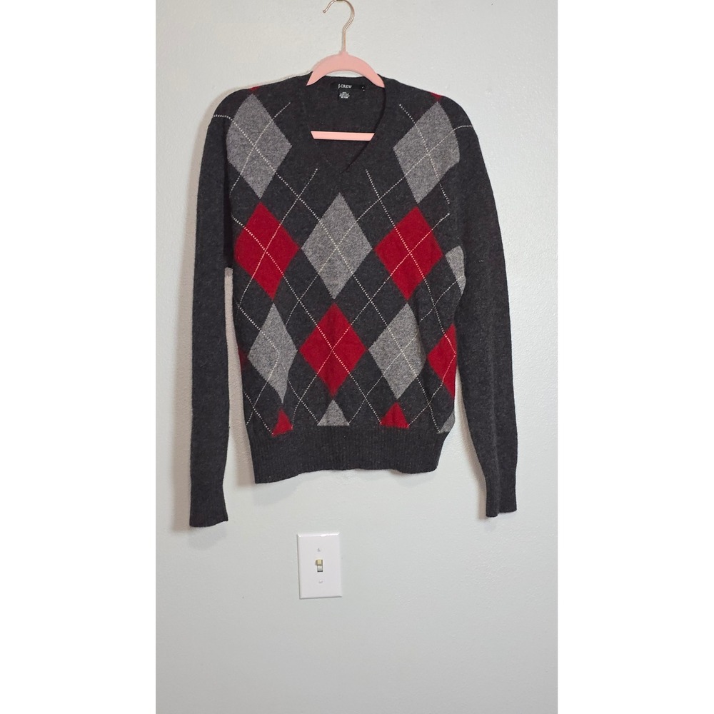 J.Crew Vintage Argyle V-Neck Sweater Mens Large 100% Lambswool Grey Red